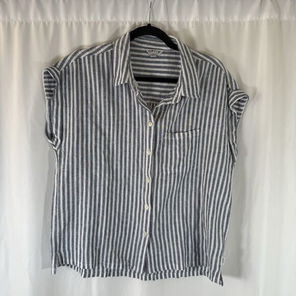 Orvis Linen Blend Button Down Shirt Women's Medium Blue White Striped Short Slv - Picture 1 of 10